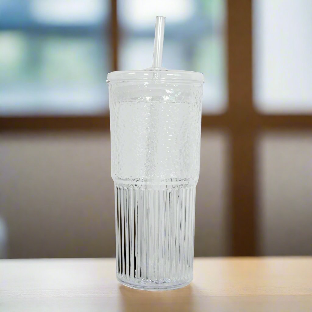 glass cup, glass lid and glass straw